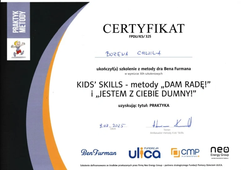 Bożena Chwile - certyfikat metody Kids' skills